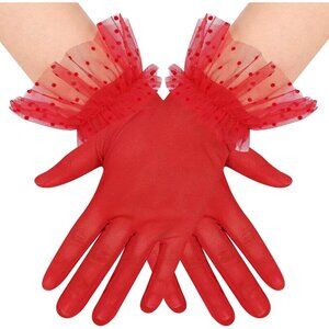 Women's Short Lace Dark Red Sheer Mesh Tea Party Prom Gloves Banquet Costume